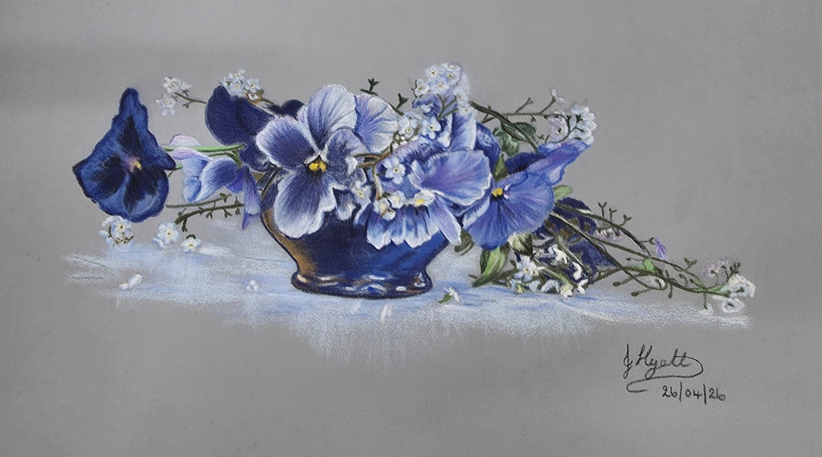 Pansies in coloured pencil by Julie